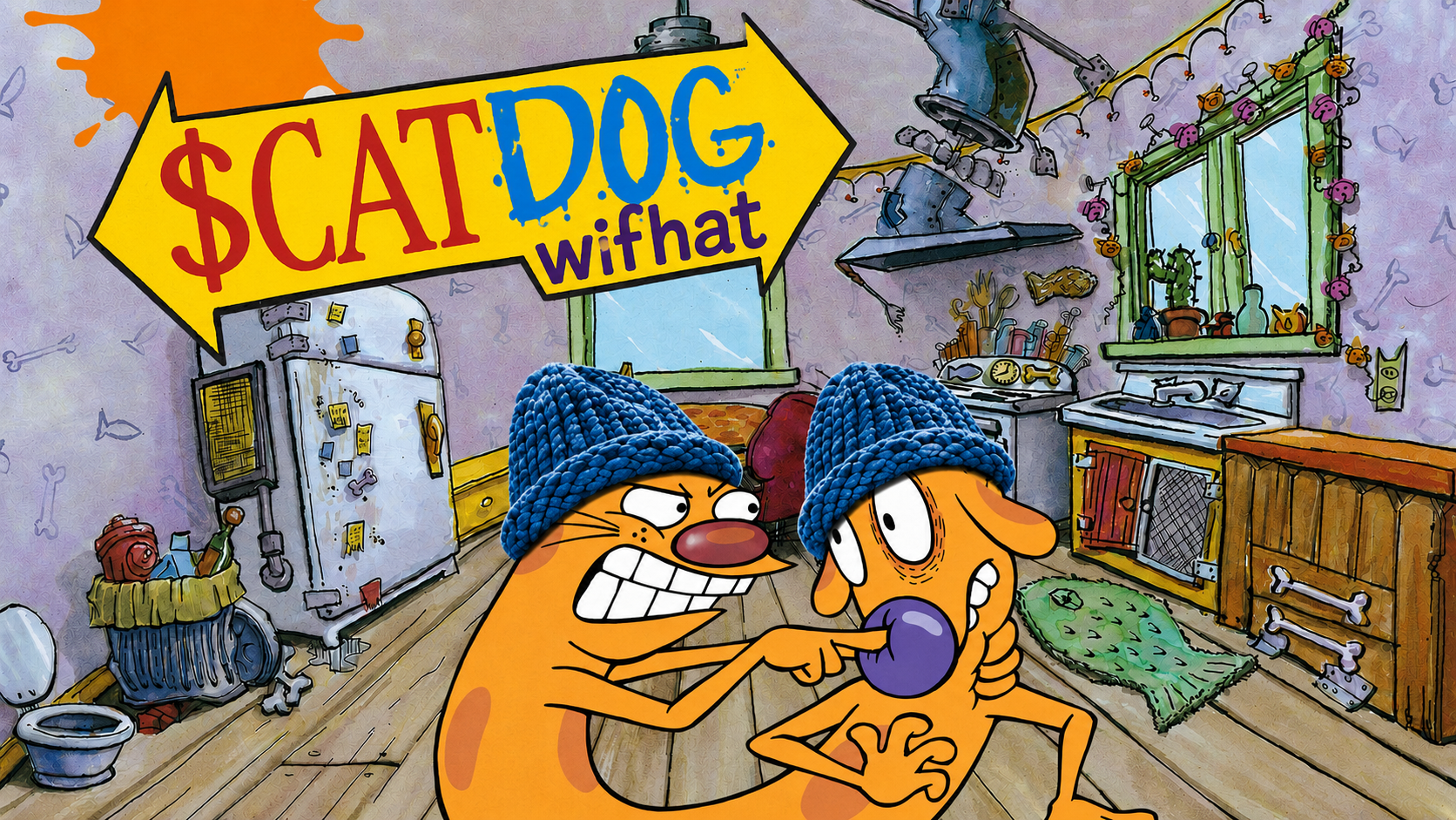 $CATDOG cat and dog heads bickering in a messy cartoon kitchen