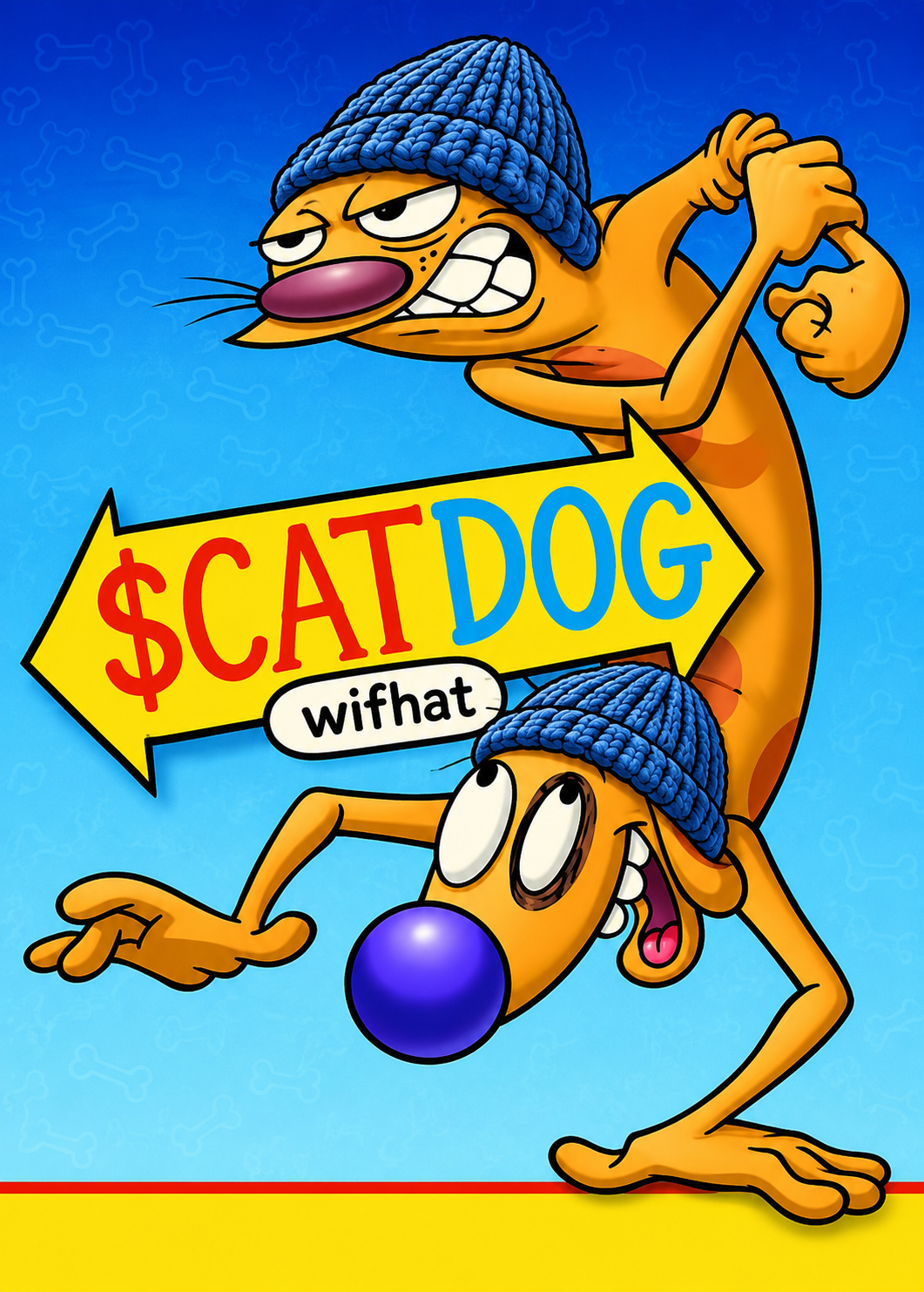 $CATDOG wifhat character: a two-headed orange cat and dog both wearing blue beanies